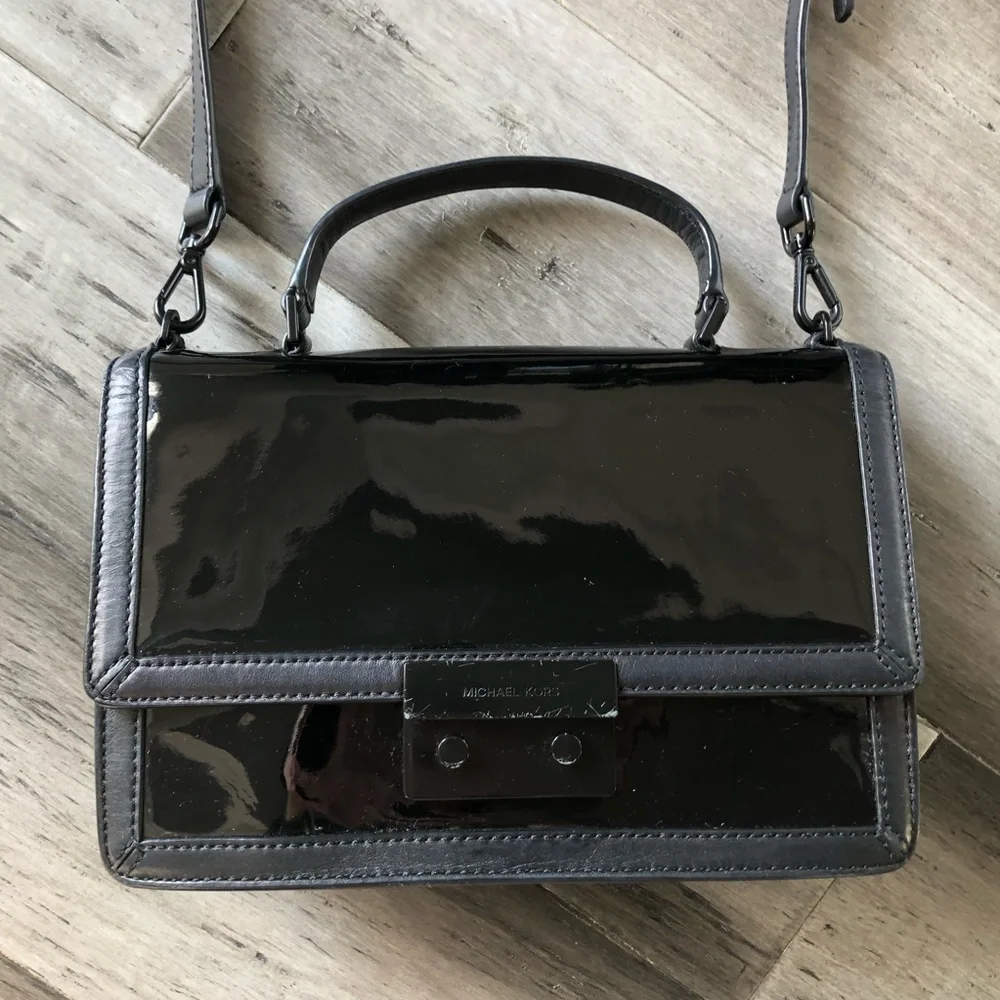 Michael Kors Callie All Black Patent Leather Lambskin Satchel Handbag Crossbody - Picture 3 of 14